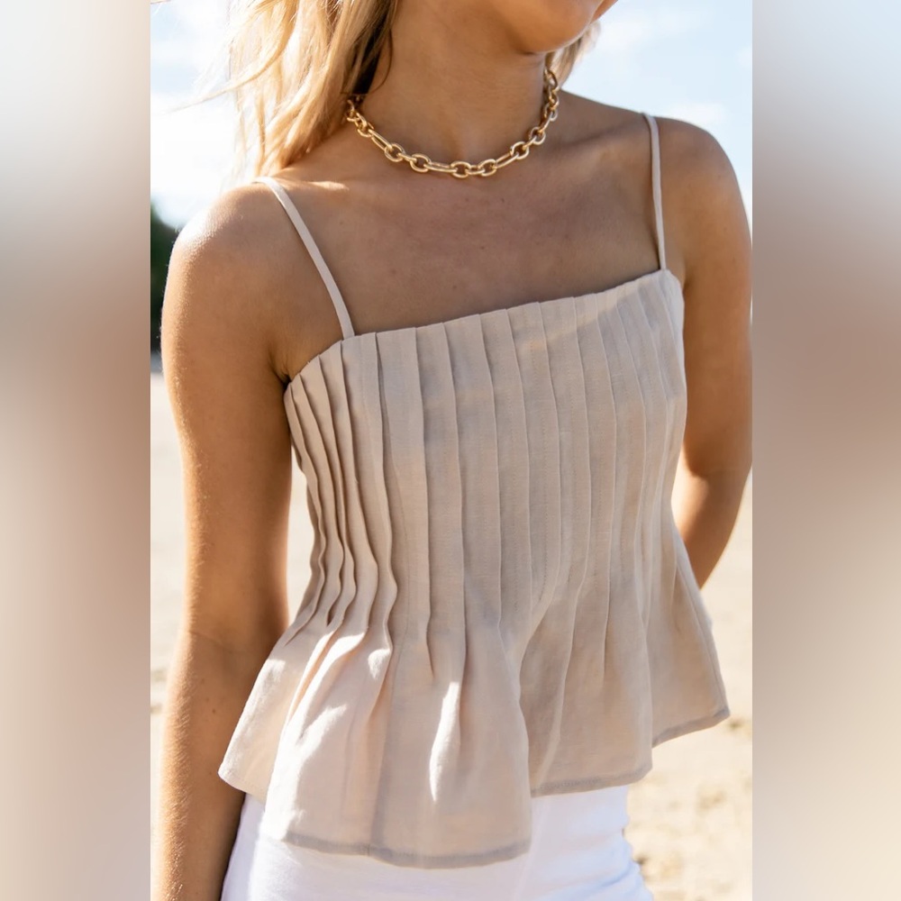 Tan / Cream Lisa Peplum Tank Top Pleated Detail